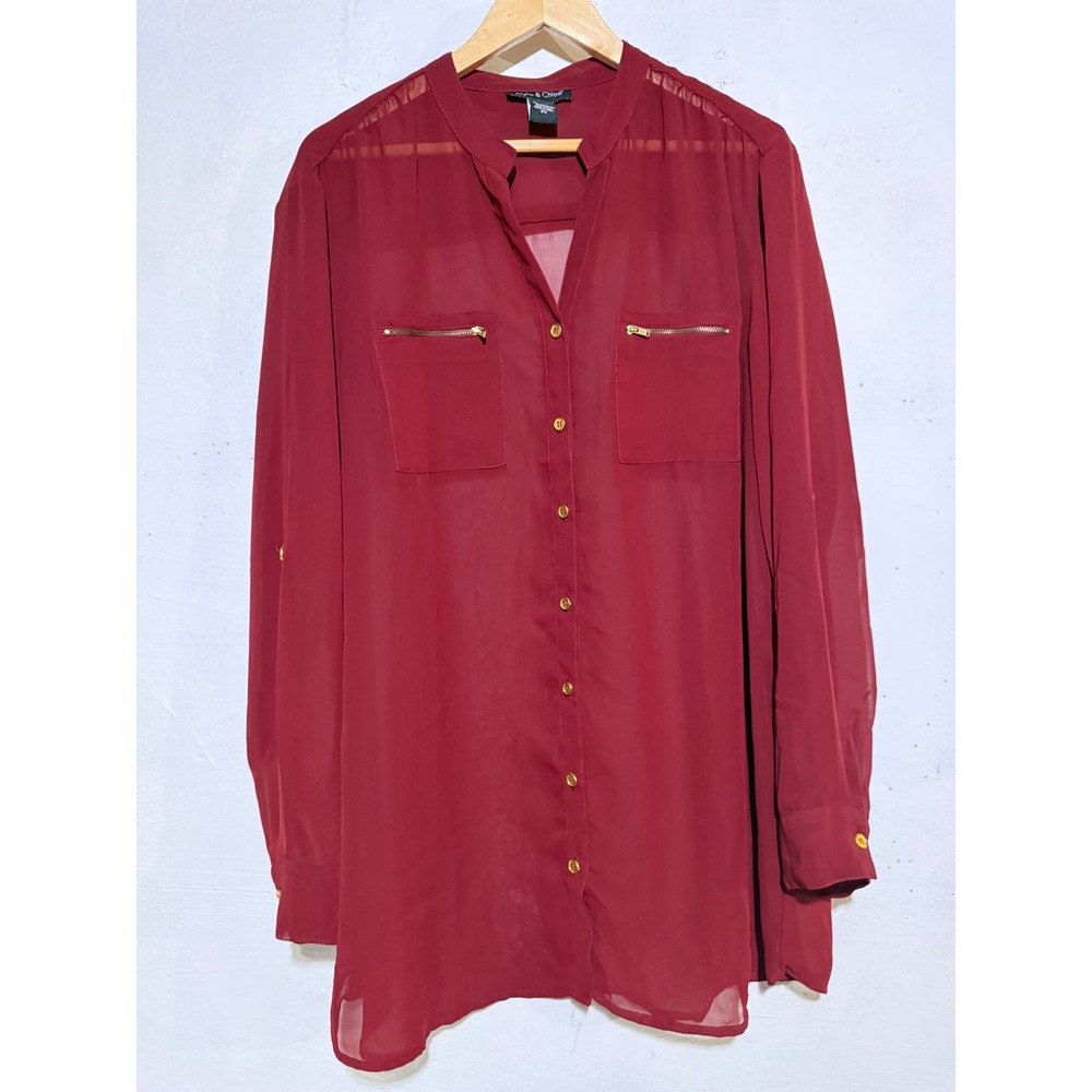 Alisha & Chloe Women's 3X Burgundy Semi-Sheer Button-Up Tunic Blouse Roll-Tab